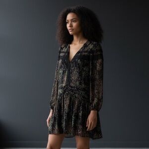 Sugar + Lips Black Dress with Pink and Green Floral Design. Size M